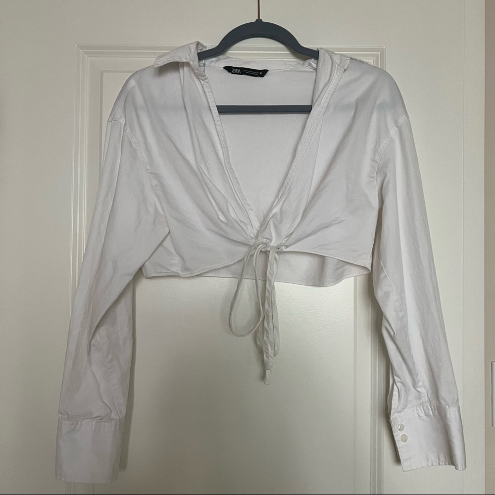 Zara White Crop Collared Long Sleeve
